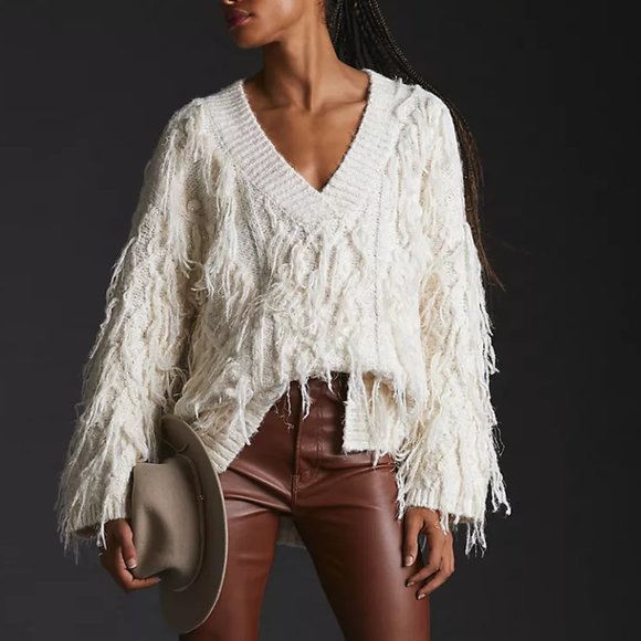 By Anthropologie Fringed Pullover Sweater Ivory White w/ Shimmer - Medium. - Picture 2 of 16